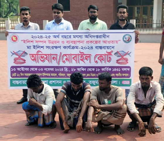 তজুমদ্দিনে নিষেধাজ্ঞায় ইলিশ ধরায় ৪ জেলে আটক